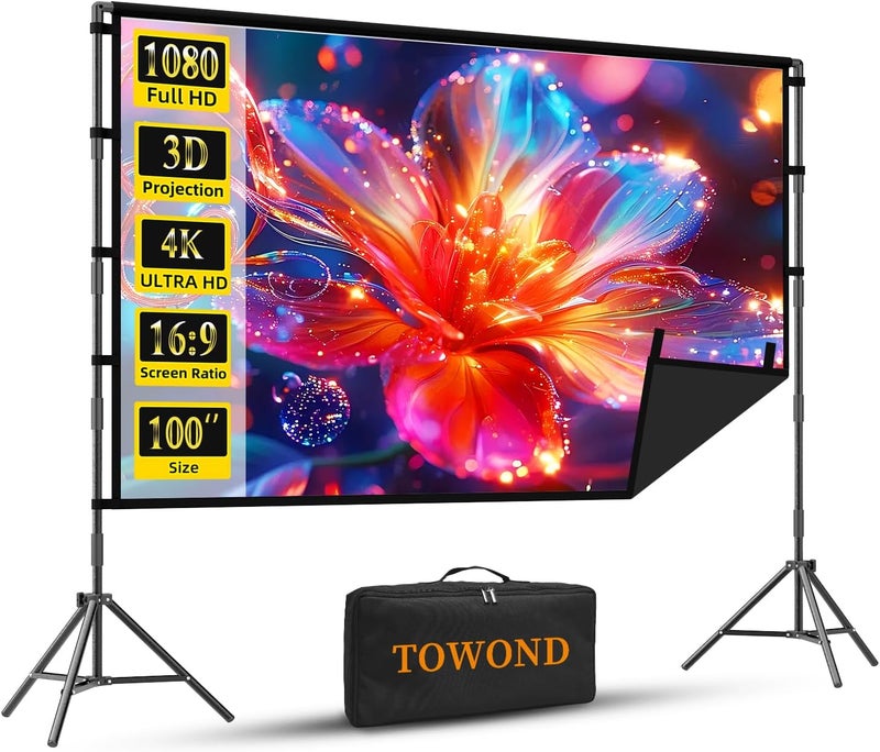 TOWOND شاشة بروجكتور مع حامل، شاشة بروجكتور محمولة 100 بوصة بظهر أسود، شاشة أفلام داخلية وخارجية 16:9 بدقة 4K HD خالية من التجاعيد مع حقيبة حمل لليلة أفلام في الفناء الخلفي - Image 1